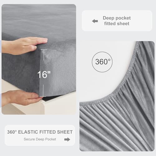 Image of Velvet Plush Flannel Sheet Set - Full Size 4-Piece - Ruffled Edge Design, 16 Inch Deep Pocket, Anti-Pilling & Fade Resistant - 220 GSM Breathable Luxury All-Season Bedding, Gray