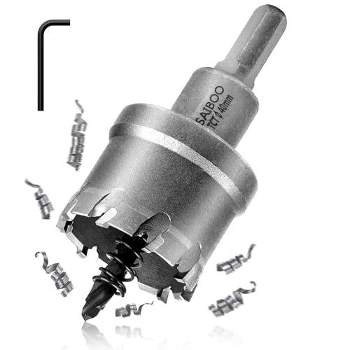 SAIBOO 40mm Broca Cortadora de Agujeros de Metal, Cortador Orificio con Punta de T.C.T Carburo de Tungsteno con Taladro Piloto para Acero Inoxidable, Acero Dulce, Aleación de Aluminio, Cobre, Hierro