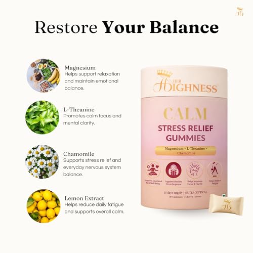 Image of Her Highness CALM Stress Relief Gummies for Women | 30 Gummies | Magnesium, L-Theanine, Chamomile | Stress Support, Emotional Balance, Focus & Relaxation | No Added Sugar | No Added Preservatives | 100% Veg | Cherry Flavour
