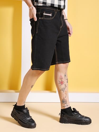 Image of The Indian Garage Co Men Regular Fit Solid Mid-Rise Denim Shorts
