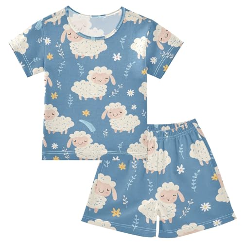 ALAZA Cartoon Animals Sheep Blossom Pajamas Short Sleeve 2 Piece Sleepwear Top and Bottom Pajama Set Unisex
