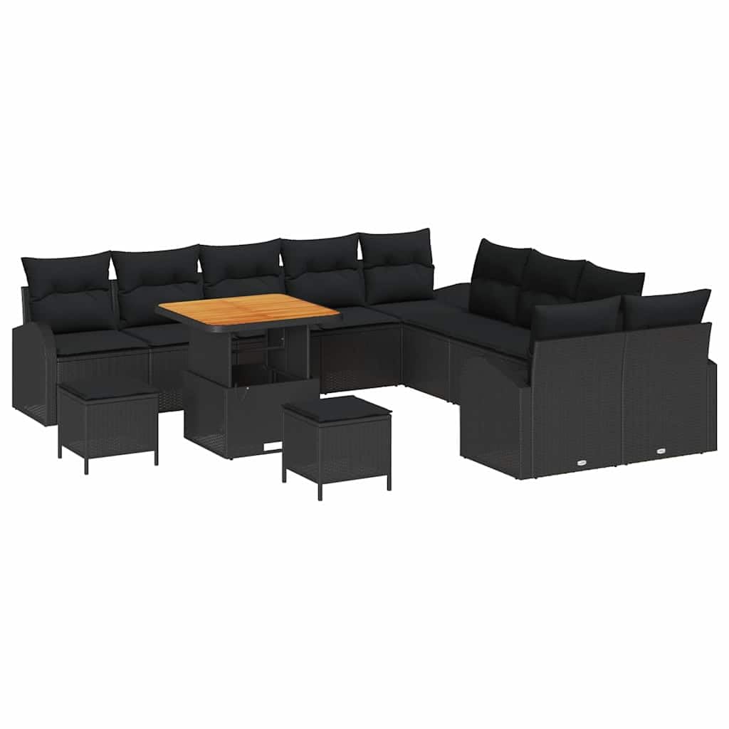 Garten Lounge Set Poly Rattan Möbel Schwarz 13-Teilig | Moderne Sitzgruppe mit Akazienholz-Tisch und Kissen für Terrasse, Balkon und Außenbereich mit zusätzlichem Stauraum.