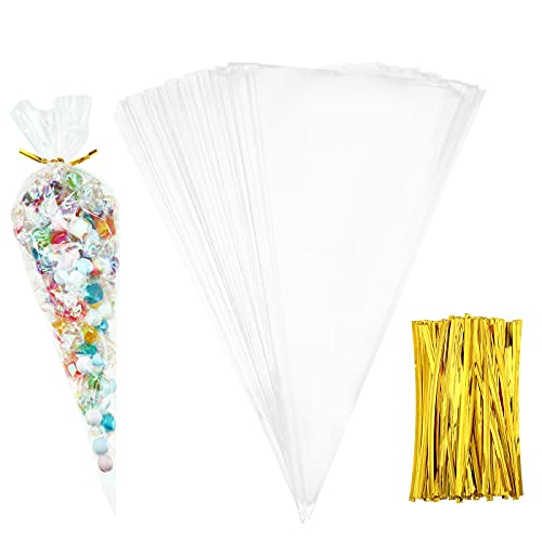 Outus 100Pcs 712 Inch Cone Shaped Clear Cello Treat Bags with Gold Twist Ties Summer Graduation Pool Birthday Party Favor Clear Cellophane Candy Popcorn Bag for Outdoor BBQ Music Festival Decor