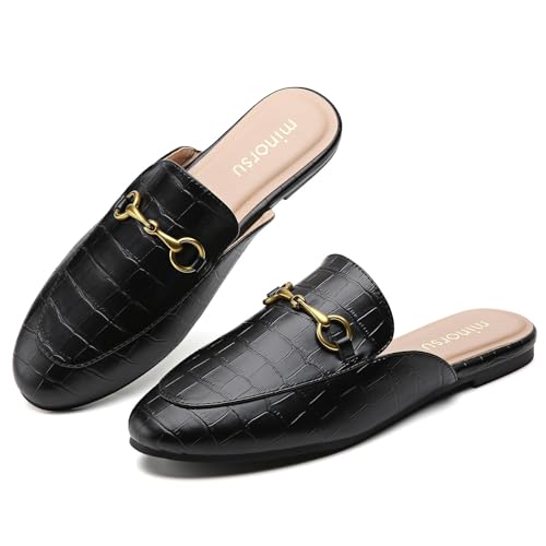 Image of Minorsu Buckle Mules for Women Flats Loafers Shoes for Work Office Business | Slip on,Round Toe,Backless,Slides, Casual
