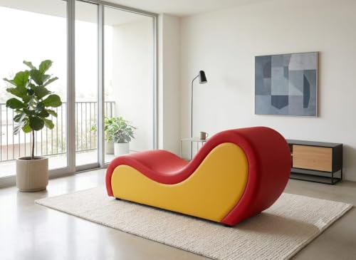 Image of SOUL CRAFT Sheesham Wood Leatherate Tantric Loung Chair, Yoga Chaise Lounge,Chaise Sofa Modern Lounge,Relaxing Chaise Lounge Chair, loveseats with Cushion (RED and Yellow)