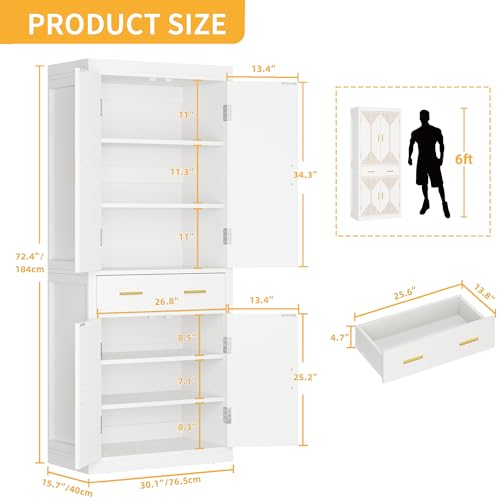 DWVO 72" Tall Kitchen Pantry Cabinet with Carved Design Doors, Modern Cupboard Storage Cabinet with a Drawer ＆ Adjustable Shelves for Kitchen, Living Room, White