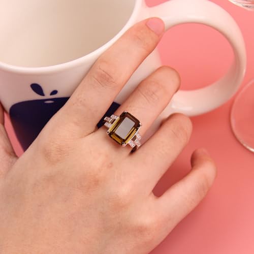 925 Sterling Silver Women Rings 5.9ct Smoky Quartz Statement Rings for Women Girls Cubic Zirconia Engagement Wedding Jewelry Size 6-103