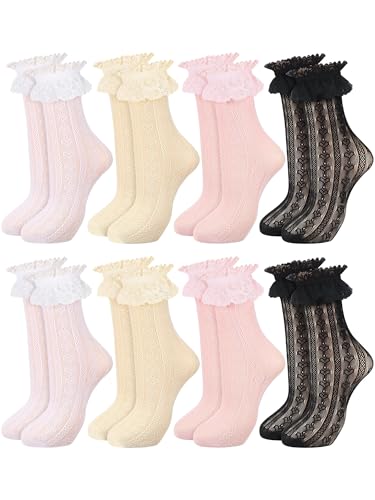 Image of Fourluoo 8 Pairs Lace Socks Ruffle Frilly Ankle Women Cute Lolita Lace Trim Dress Socks for Accessories