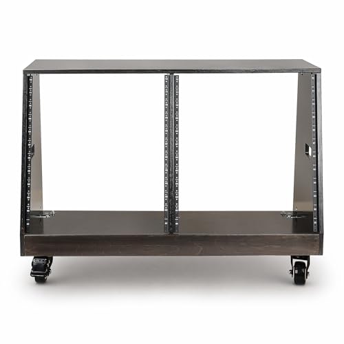Image of Sound Town DIY 2 x 12U Slanted Double-Bay Studio Rack with Casters for Home Studio and Recording Room, Baltic Birch Plywood, Black Espresso (SDRK-D12TD)