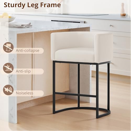 Image of LUE BONA Counter Height Bar Stools Set of 6, Modern Barrel Counter Stools with Backrest and Arms, Black Metal Frames, Linen Fabric Upholstered Accent Barstools for Kitchen Island, Beige