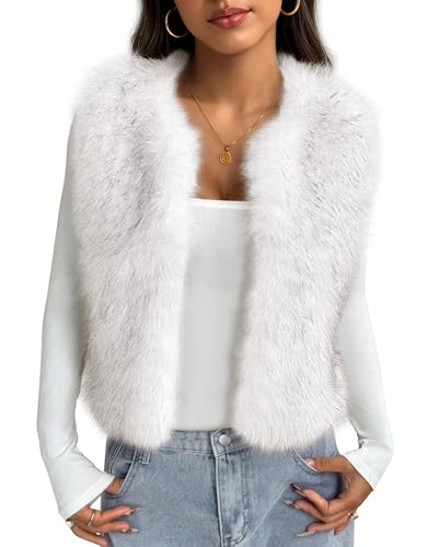 BTFBM Faux Fur Vest Women Fall Fashion 2025 Sleeveless Fuzzy Jacket Fluffy Coats Winter Clothing Furry Outerwear Vests(White, Medium)