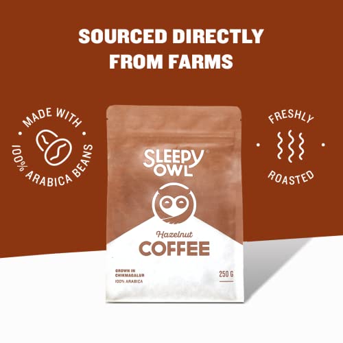 Image of Sleepy Owl Hazelnut Ground Coffee | Medium Grind Coffee | Pour Over, Aeropress, Homemachine | Medium Roast | 100% Arabica | Freshly Roasted & Ground | 250g | Directly Sourced From Chikmagalur