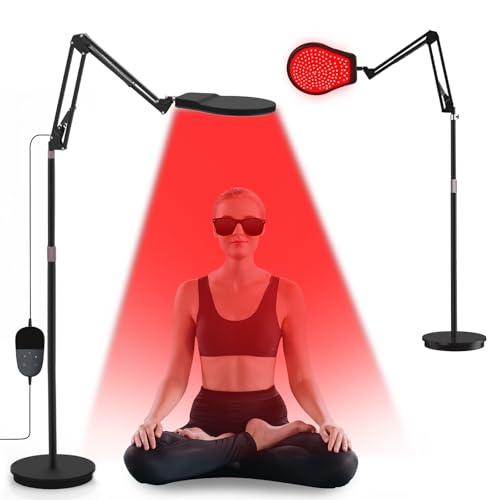 Hottoerak Floor Infrared Lamp, 940&850&660 Red Light Lamp, 5 Brightness & 10/20/30Min Timer & Adjustable Height, 150LEDs Infrared Light for Home/Office Use(Black)