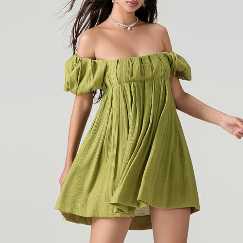 Image of Women Y2k Puff Sleeve Babydoll Dresses Square Neck Tie Back Mini Dress Summer Solid Off Shoulder Flowy Sundress