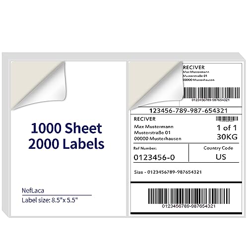 Image of 8.5 inch x 5.5 inch Half Page Self Adhesive Shipping Label, Compatible Laser & Inkjet Printers, White, 2 Labels Per Sheet(1000 Sheet Total 2000 Labels)