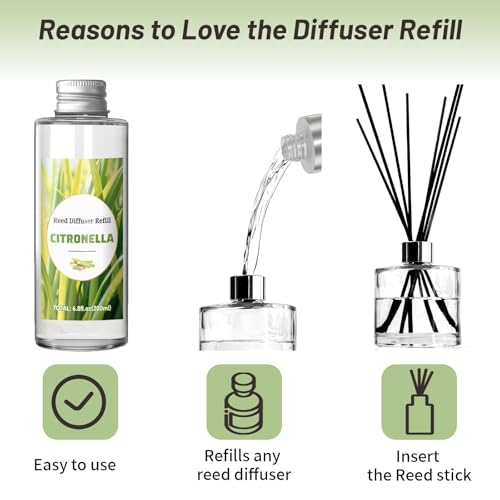 Image of STRN Citronella Reed Diffuser Oil Refill, Lemongrass Scent 200ML(6.8fl.oz) with 6 Sticks, Air Freshener Long-Lasting Aromatherapy Reed Diffuser Set for Summer Home, Bedroom, Spa, Bathroom