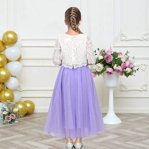 Image of Sunny Fashion Girls Dress 2PC Set White Floral Lace Glitter Tulle Skirt 3 /4 Sleeve