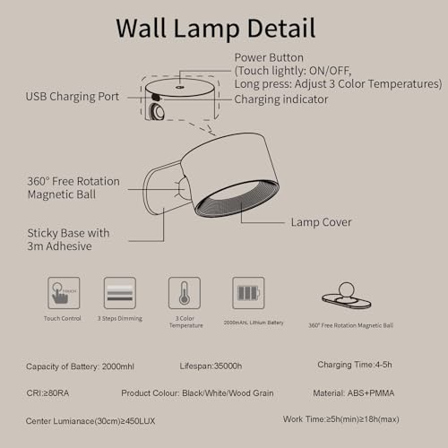 Lampara de pared USB giratoria 360 con control tactil blanco 7