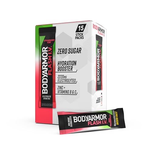Image of BODYARMOR Flash IV Electrolyte Packets, Strawberry Kiwi - Zero Sugar Drink Mix, Single Serve Packs, Coconut Water Powder (15 Count)