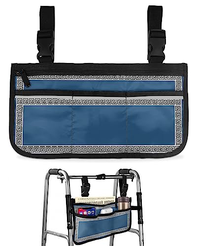 Blue Wheelchair Side Bag Walker Bag, Simple Geometric Floral Pattern Wheelchair Accessories Armrest Pouch, Organizer Storage Bag for Walkers, Rollators, Scooters, 7.3''x13''