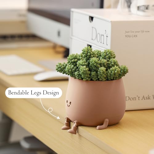 Image of TOPOLA Happy Face Planter, 5.2 Inches Plastic Plant Pot, Self Watering Plant Pot with Drainage Holes for Indoor Outdoor, Succulent Pot, Funny Flower Pot, Khaki