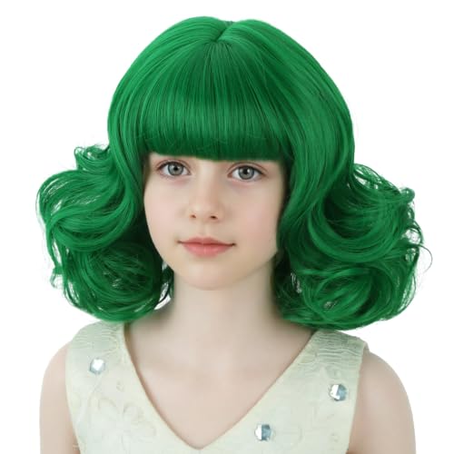 Kids Green Wig Short Curly Green Bob Child Wigs with Bangs Synthetic Wigs with Wig Cap for Cosplay Party Costume