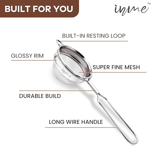 Image of Inme Tea Strainer with 304 Grade Stainless Steel Mesh, Chai Channi Chalni Jali, Coffee Milk Juice Oil & Tea Filter Strainers with Durable Long Wire Handle - Set of 2 (Diameter - 7 cm & 8 cm)