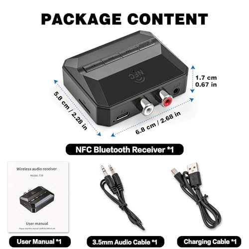 Bluetooth Receiver, NFC-Enabled RCA/3.5mm AUX USB Drive/TF Card Outputs, Wireless Audio Adapter with Bluetooth 5.3, Volume/Track Control for Home Stereos Speakers Headphones