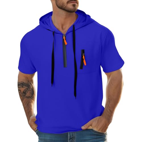 Sweat à capuche léger à fermeture éclair 1/4 pour homme, pull surdimensionné respirant avec poche à cordon de serrage, chandail d'été décontracté à capuche avec poignets côtelés, bleu, 3XL