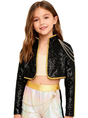 renvena Girls Sequin Popular Singer Tops Music Festival Stage Performance Sparkly Dance Crop Jacket Black 4 Years