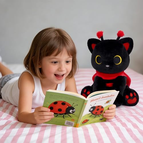 Image of Black Cat Plush with Removable Ladybug Costume, 8inch Cute Ladybug Gifts | Big Eyes Cute Soft Huggable Toy for Boys Girls,Toddlers Insect-Themed Room Decor Birthday Gifts