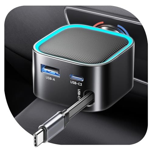 Image of Retractable Car Charger USB-C,Rocoren 57W Type C Fast Car Charging [Ultra-Compact Mini] with Cord Cigarette Lighter Adapter Car Accessories for iPhone 17 16 15 Samsung S25 Ultra Pixel Android