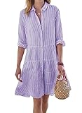 utcoco Womens Striped Button Down Midi Shirt Dress Casual Loose Cuffed Long Sleeve Mid Long Dresses (Medium, Purple)