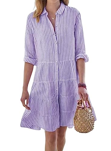 Image of utcoco Womens Striped Button Down Midi Shirt Dress Casual Loose Cuffed Long Sleeve Mid Long Dresses