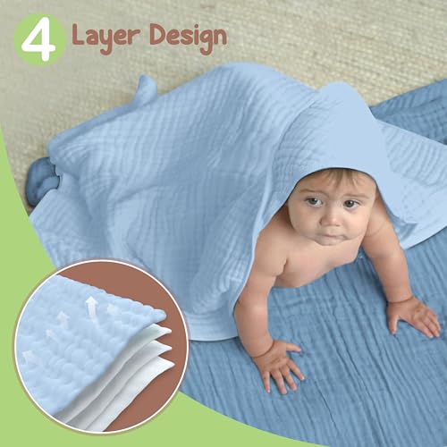 Image of 100% Organic Cotton Muslin Baby Hooded Towel, 32x32 in, Deep Blue & Aquarius, 2 Pack, Soft Absorbent 4-Layer Hooded Bath Towel for Newborns, Infants,Toddlers, Boys,Girls, Oeko-TEX