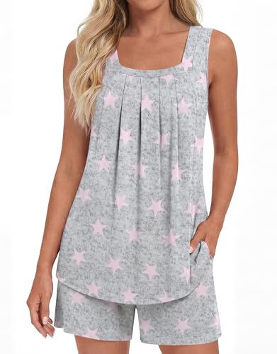 Image of LONGYUAN Womens Sleeveless Pajama Set Soft Summer Lounge Shorts Tank Top Sleepwear with Pockets 2 Piece Set M-3XL