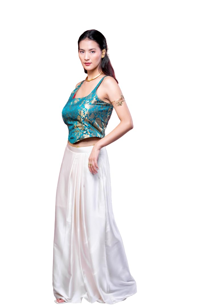 Anarbagh Charm Corset Women's Brocade Crop Top with Palazzo Pants Set | Ethnic Co-Ord Set for Women | Sleeveless Jacquard Blouse & Flared Satin Palazzo-image-11