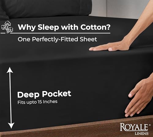 Image of Royale Linens 100% Organic Cotton Fitted Sheet - Percale Weave - Super Soft Deep Pocket Bottom Sheets - Black Elastic Sheet King Cal Size - California King Fitted Sheets Only - (72 inchx84 inch+15 inch, Black)
