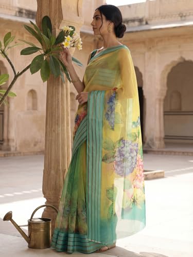 Image of AKHILAM Women's Yellow Organza Floral Printed Saree With Unstitched Blouse Piece (SAGE1004 AI2)