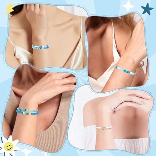 Image of Preppy Bracelets Set Colorful White Gold Smile Heart Star Polymer Beaded Pearl Clay Stackable Charm Y2K Kidcore Aesthetic Summer Beach Bohemian Stretch Layering Bracelets Jewelry for Girls Women Teens