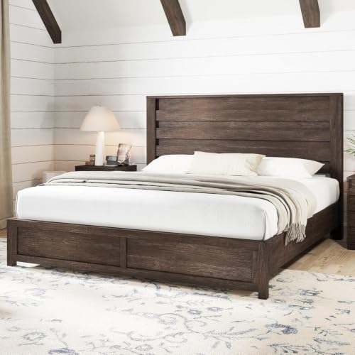 Image of AMERLIFE Farmhouse King Bed Frame with 49 inch Fluted Headboard | Grey Wood Platform Bed, Natural Grain Finish, Noise-Free Frame, No Box Spring Required, 1000 lbs Support