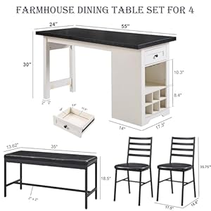Farmhouse Dining Table Set for 4, 55" Large Kitchen Table Set with 2 Chairs and Bench, Rustic Wood Dining Bar Table with Drawer and Wine & Galsses Rack (White) Farmhouse Dining Table Set for 4 55 Large Kitchen Table Set with 2 Chairs and Bench Rustic Wood Dining Bar Table with Drawer and Wine Galsses Rack White