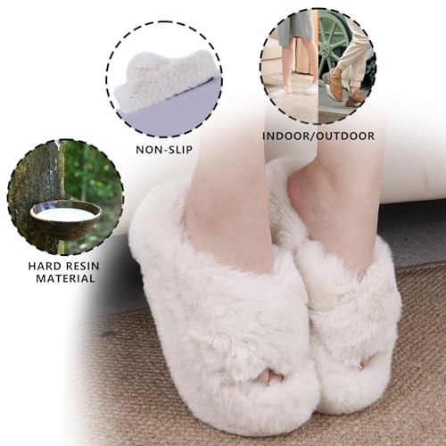 Fuzzy Slippers Women Cross Band Furry House Shoes Open Toe Bride Slippers Fluffy Slides for Girls High Heel Fur Women Sandals for Party Stylish Memory Foam Female Fuzzy Sandals4