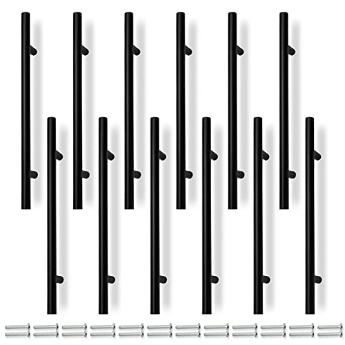 Bwintech 12 Pcs 250MM (160MM Hole Center) Matt Black Cabinet Pull Handles Kitchen T Bar Handles, Stainless Steel