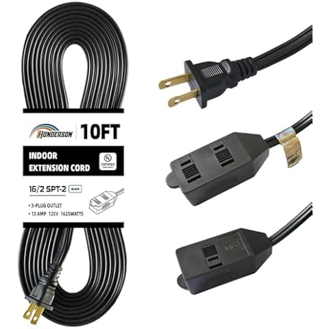 HONDERSON 6-Outlets Flat Extension Cord, DOUBLE 3-OUTLETS POWER STRIP with Safety Outlet Cover, UL Listed 16/2 SPT-2 Outlet Extender, 2 Prong 16 Gauge 10FT Black Indoor Extension Cord Multiple Outlets Cover
