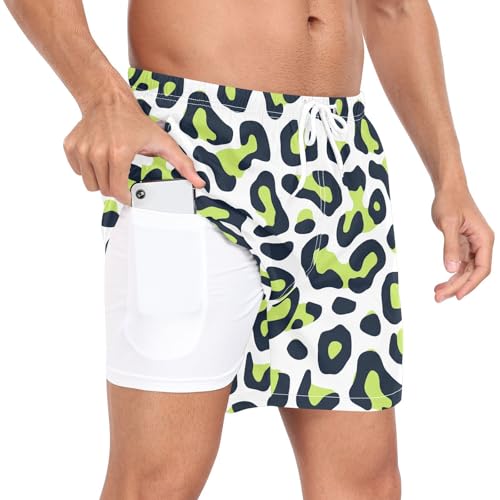 Leopard Print Lime Green and Navy Blue Men Swim Trunks Men 2 Layer Swimming Suit Phone Pocket Lightweight S3