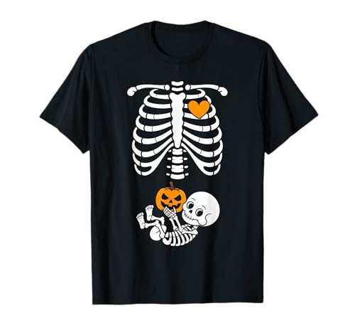Halloween Skeleton Baby Rib Cage Maternity Pregnant Pumpkin T-Shirt