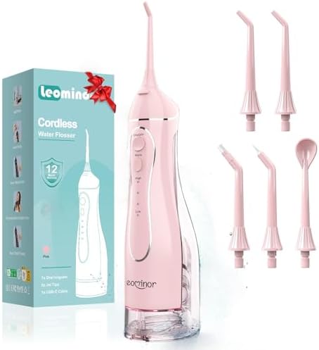 Leominor Water Flosser Pick for Teeth, 300ML Portable Oral Irrigator Upgraded Tank Removable,IPX7 Waterproof, Rechargeable Travel Teeth Cleaner, Professional Electric Flossing Machine (Pink)