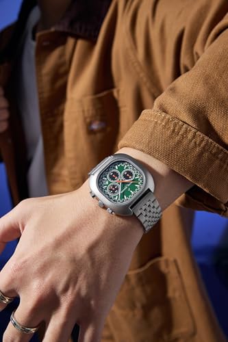 Image of Daniel Hechter Paris Broadway Collection Chronograph Watch for Men with Emerald Green Square Dial | Tachymeter Bezel, Date Display & Silver Stainless Steel Strap - DHM1033-55