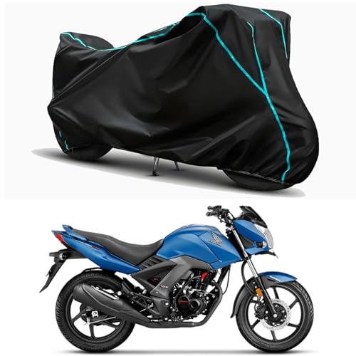 Image of Waterproof Bike Body Cover Compatible for | Honda Unicorn | Taffeta Fabric, Sky Piping Design, Bottom Elastic Fit | Dustproof, Sun UV & Rain Protection for All Weather.